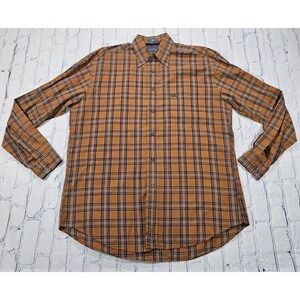 Faconnable Dress Shirt MENS SIZE L TALL Brown Blue Plaid VINTAGE MADE USA